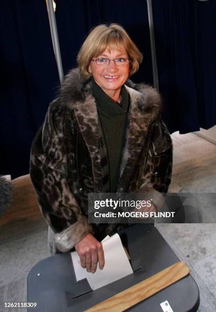 The leader of the Danish People's Party, which supports the conservative-liberal coalition government Pia Kjaersgaard casts her vote 08 February 2005...