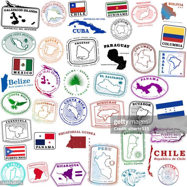 ilustraciones, imágenes clip art, dibujos animados e iconos de stock de sellos de viaje de habla hispana tropical y algunos otros - mexico chile