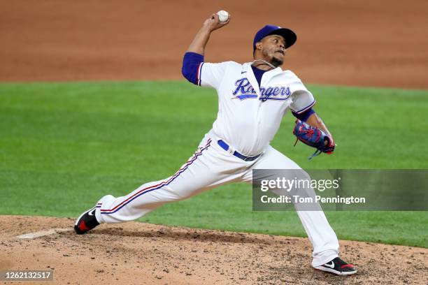 Edinson Volquez of the Texas Rangers pitches against the Arizona Diamondbacks in the top of the ninth inning at Globe Life Field on July 28, 2020 in...