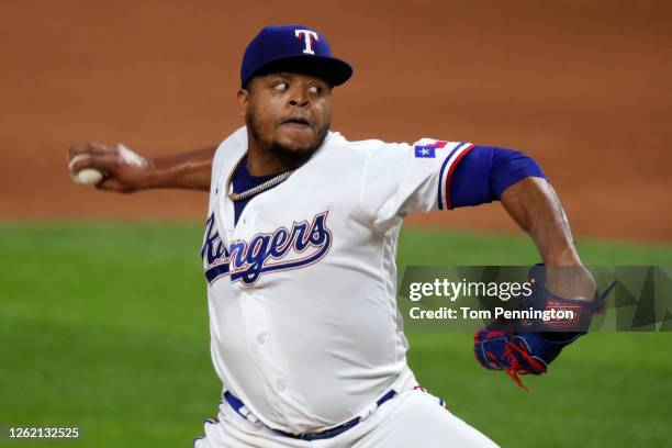 Edinson Volquez of the Texas Rangers pitches against the Arizona Diamondbacks in the top of the ninth inning at Globe Life Field on July 28, 2020 in...