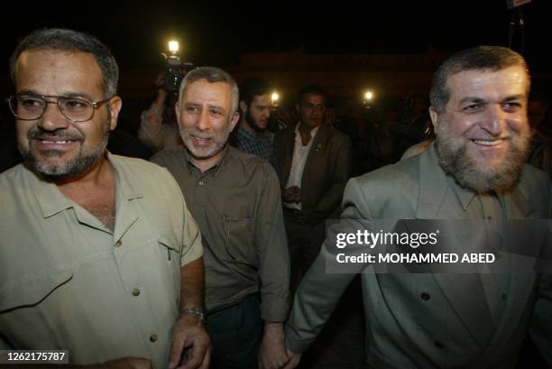 Leaders of the radical Islamic Jihad group, Mohammed al-Hindi , Nafez Azam and Khader Habib arrive for a meeting with the new head of the Palestine...