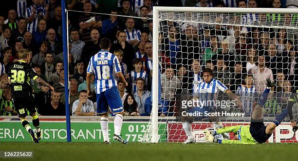 Andrew Keogh of Leeds scores their first goal during the npower Championship match between Brighton and Hove Albion and Leeds United at Amex Stadium...