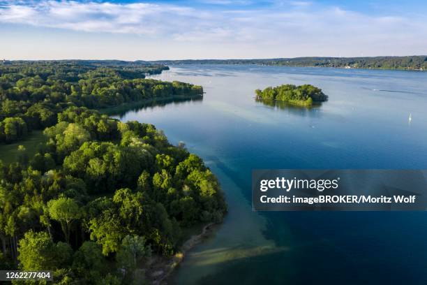aerial view of the rose island in lake starnberg, upper bavaria, bavaria, germany - starnberger see stock-fotos und bilder