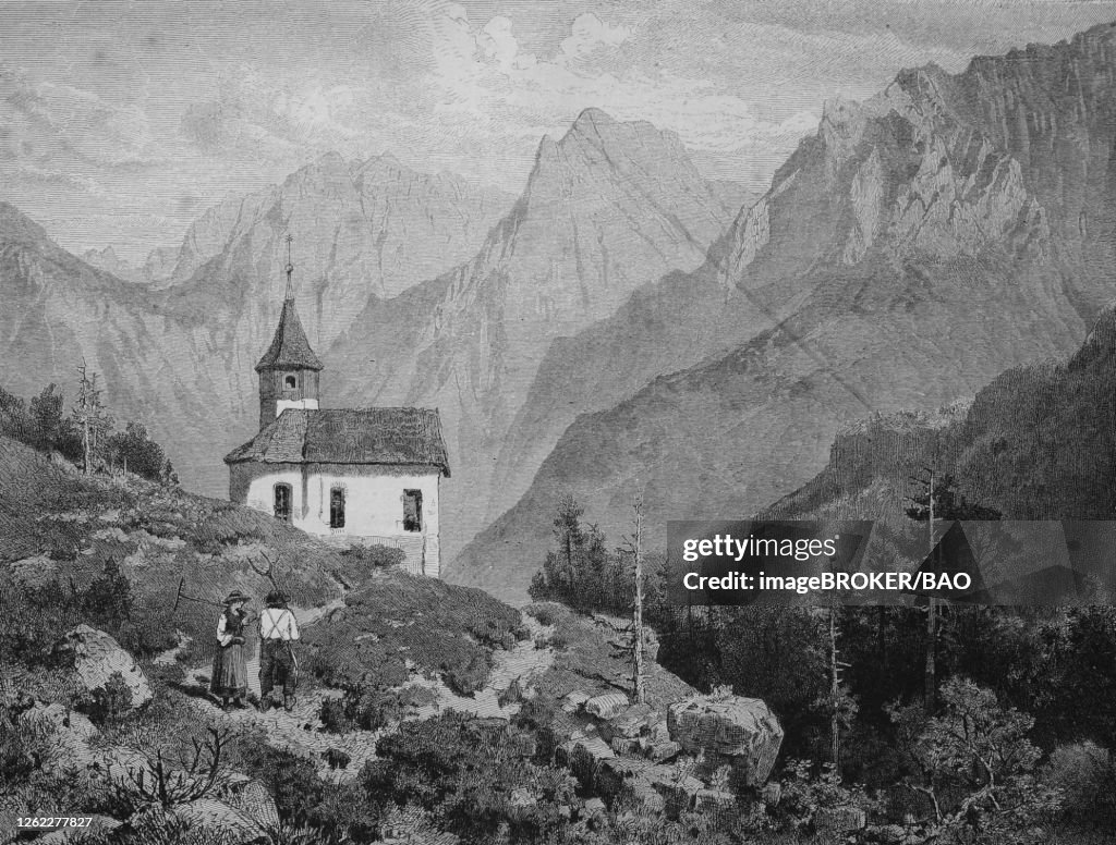 A farmers couple near a chapel at the Kaiser Mountains, Kaisergebirge, wilder Kaiser, 1880, Austria