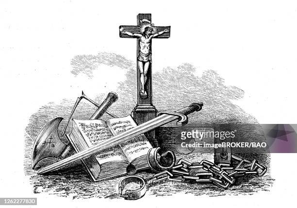 illustrations, cliparts, dessins animés et icônes de symbols for the crusades of the 11th century, 1850, england, united kingdom - instrument of torture