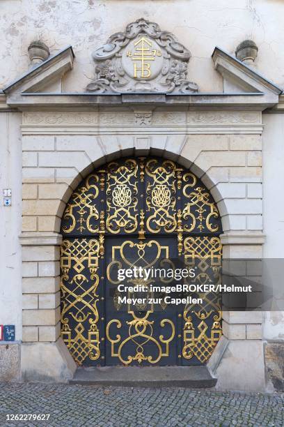 old decorated wrought-iron gate at the meat market, 1670, bautzen, upper lusatia, saxony, germany - entrance gate stock pictures, royalty-free photos & images