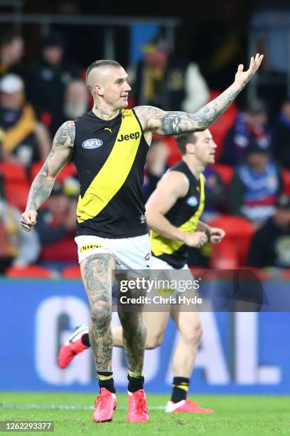 Dustin Martin of the Tigers celebrates a goal during the round nine AFL match between the Western Bulldogs and the Richmond Tigers at Metricon...