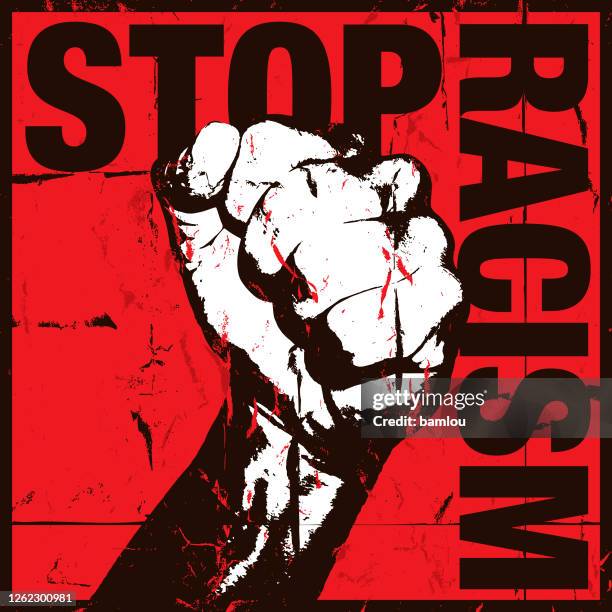 stop racism concept with grunge fist on red background - shaking stock illustrations