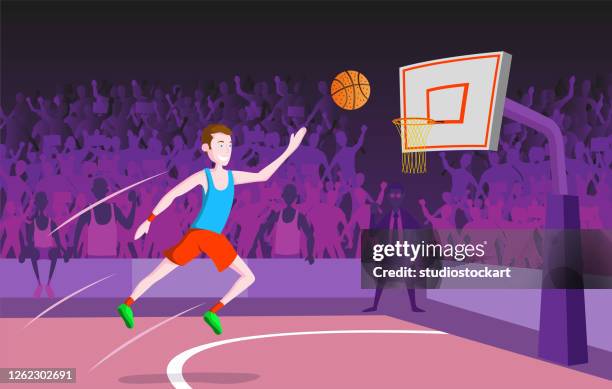 basketball-spieler macht slam dunk - amerikanischer universitäts basketball stock-grafiken, -clipart, -cartoons und -symbole