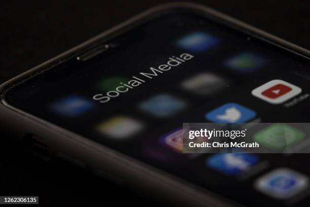 In this photo illustration, social media apps are seen on a mobile phone on July 29, 2020 in Istanbul, Turkey. Turkey's parliament passed a new law...