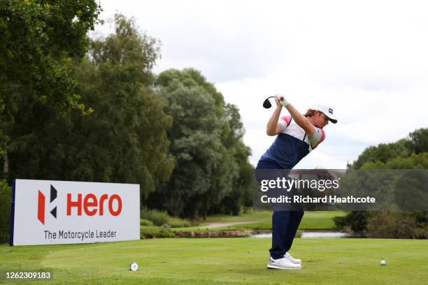 Eddie Pepperell of England hits a tee shot during a practice round for the Hero Open at the Marriott Forest of Arden on July 29, 2020 in Birmingham,...