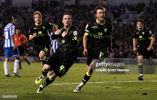 Ross McCormack of Leeds celebrates after scoring their third goal during the npower Championship match between Brighton and Hove Albion and Leeds...