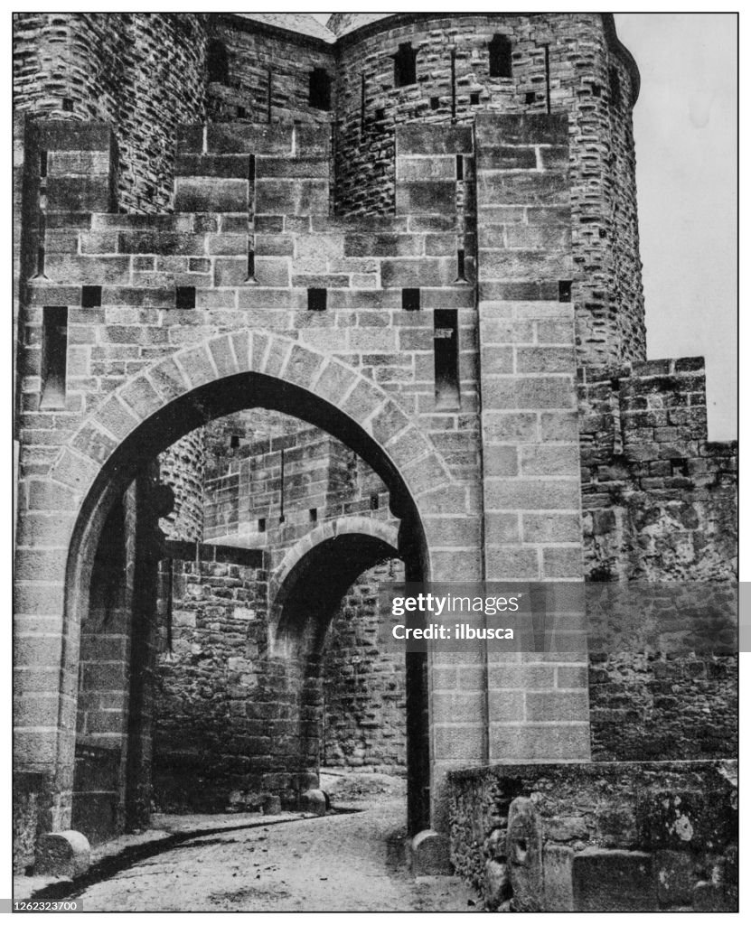 Antique black and white photo: Gateway of Carcassonne