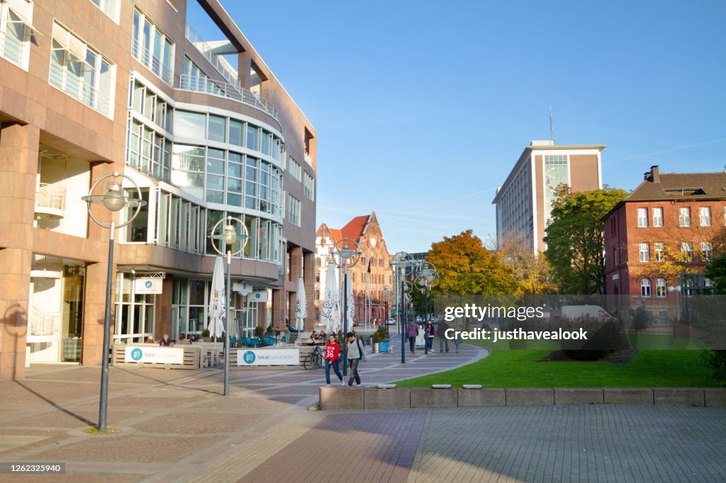 Buildings and restaurant Lokalmanufaktur near square Friedensplatz in Dortmund