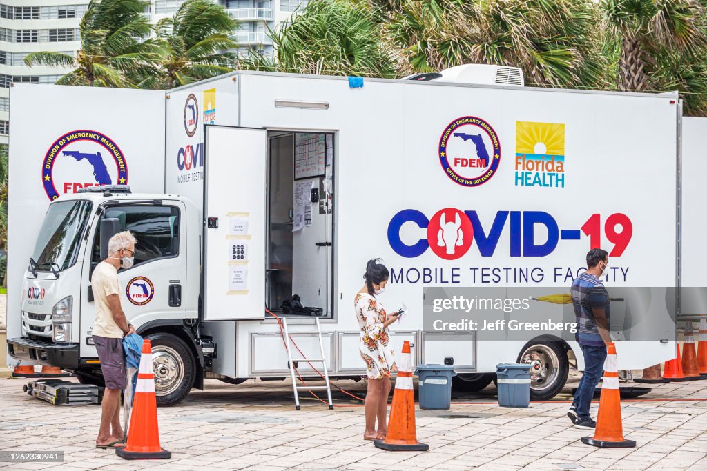 Florida, Miami Beach, Covid 19, mobile testing facility, FDEM Division of Emergency Management with long lines