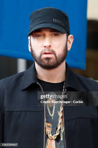 Eminem a.k.a. Marshall Bruce Mathers III attends a ceremony honoring Curtis "50 Cent" Jackson with a star on the Hollywood Walk of Fame on January...