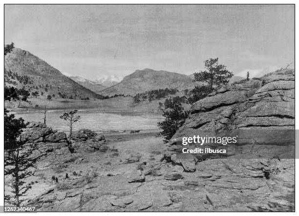 antique black and white photo: estes park, colorado - estes park summer stock illustrations