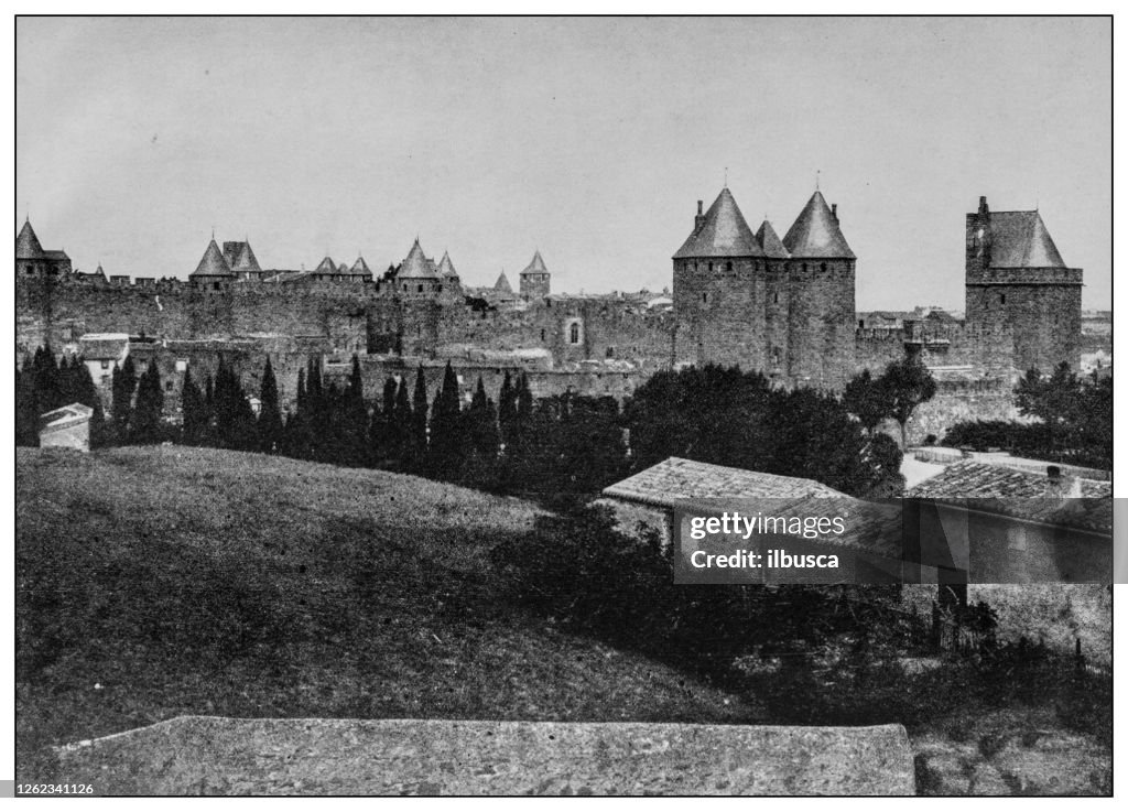 Antique black and white photo: Carcassonne walls