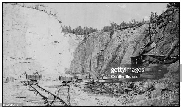 antique black and white photo: lime quarry, camden, maine - old quarry stock illustrations