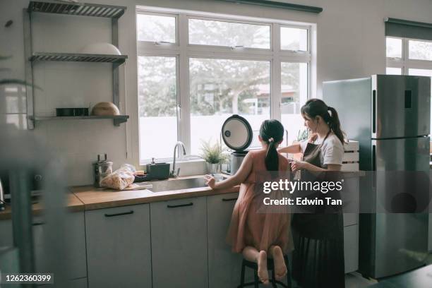 an asian chinese mother cooking preparing food at kitchen with her daughter cooking rice with rice cooker - asian mother cooking imagens e fotografias de stock