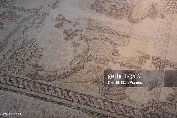 menorah on the mosaic floor of an ancient jewish synagogue - ancient greek alphabet stock pictures, royalty-free photos & images
