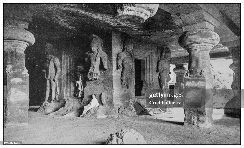 Antique black and white photo: Elephanta Caves, Bombay