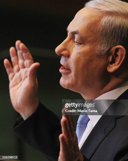 Benjamin Netanyahu, Prime Minister of Israel, delivers an address to the 66th General Assembly Session at the United Nations on September 23, 2011 in...