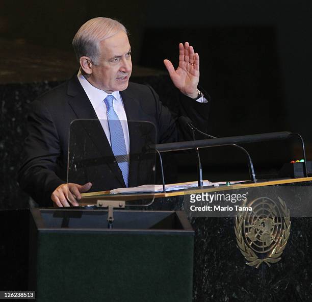 Benjamin Netanyahu, Prime Minister of Israel, delivers an address to the 66th General Assembly Session at the United Nations on September 23, 2011 in...