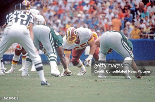 View of American football player Dave Butz , of the Washington Redskins, during the game against the Philadelphia Eagles at RFK Stadium, Washington...