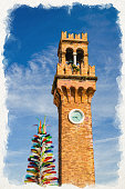 Watercolor drawing of Top of Murano clock tower Torre dell'Orologio