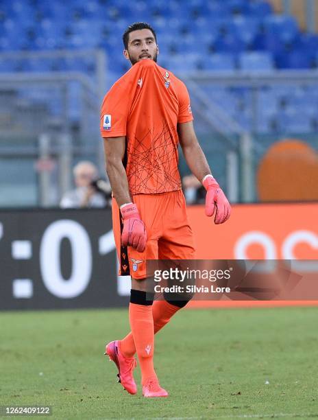 Thomas Strakosha of SS Lazio reacts during the Serie A match between SS Lazio and Brescia Calcio at Stadio Olimpico on July 29, 2020 in Rome, Italy.