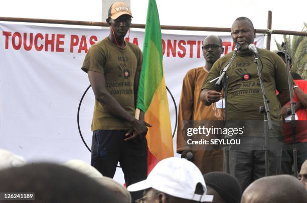 Opposition leader Alioune Tine speaks during an opposition rally in Dakar on September 23, 2011. Several hundred Senegalese opposition supporters...
