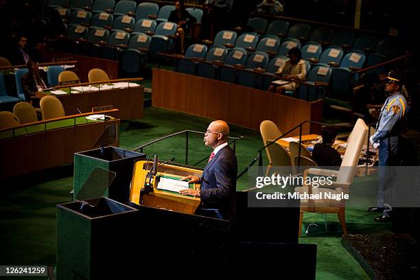 Haitian President Michael Joseph Martelly speaks during the United Nations General Assembly on September 23, 2011 in New York City. The annual event,...