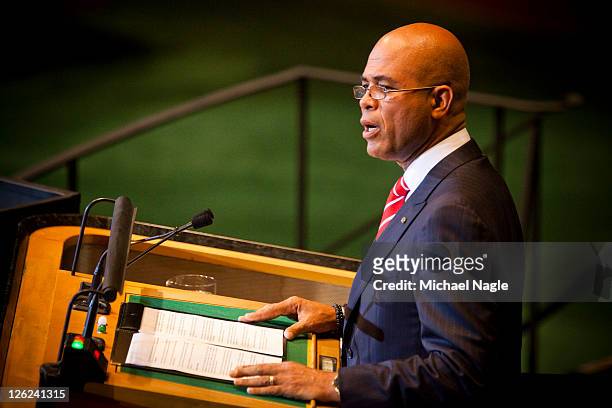 Haitian President Michael Joseph Martelly speaks during the United Nations General Assembly on September 23, 2011 in New York City. The annual event,...