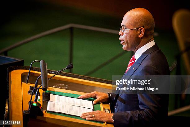 Haitian President Michael Joseph Martelly speaks during the United Nations General Assembly on September 23, 2011 in New York City. The annual event,...