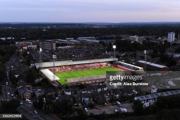 An elevated general view of Griffin Park during the Sky Bet Championship Play Off Semi-final 2nd Leg match between Brentford and Swansea City at...