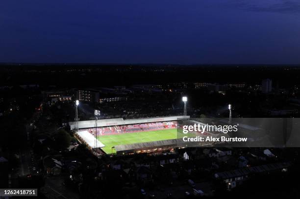 An elevated general view of Griffin Park during the Sky Bet Championship Play Off Semi-final 2nd Leg match between Brentford and Swansea City at...