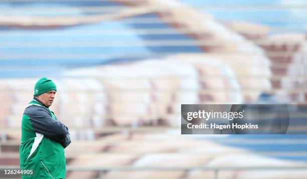 Coach Declan Kidney of Ireland looks on during an Ireland IRB Rugby World Cup 2011 captain's run at Rotorua International Stadium on September 24,...