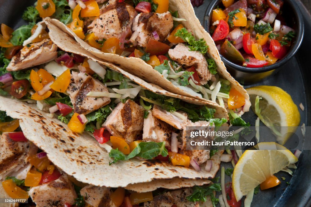 Grilled Salmon Tacos with Avocado Fresh Salsa and Kale Coleslaw
