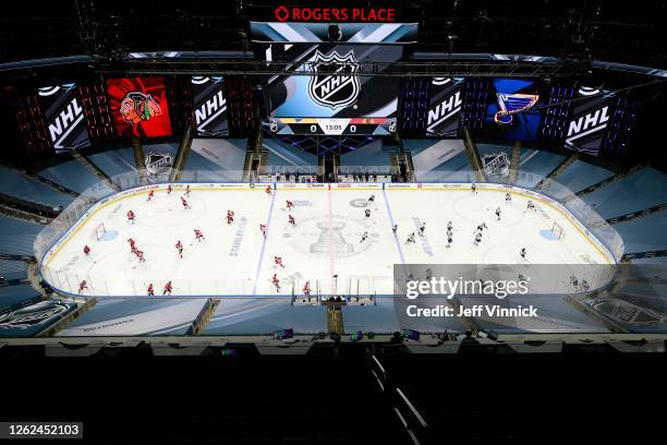 General view as the St. Louis Blues and the Chicago Blackhawks warm up before an exhibition game prior to the 2020 NHL Stanley Cup Playoffs at Rogers...