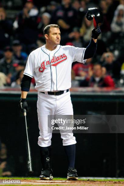 Jim Thome of the Cleveland Indians waves to the crowd during hit first at bat during the second inning against the Minnesota Twins at Progressive...