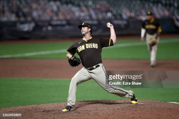 Drew Pomeranz of the San Diego Padres pitches against the San Francisco Giants at Oracle Park on July 28, 2020 in San Francisco, California.