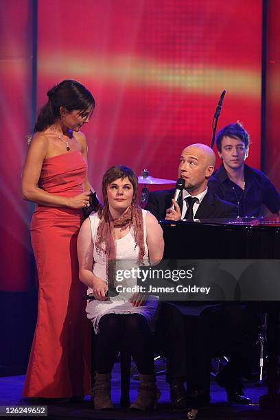 Host Miriam Pielhau, singer Sarah Pisek and musician Der Graf von unheilig attend the Tribute to Bambi after-show party 2011 at the Station on...