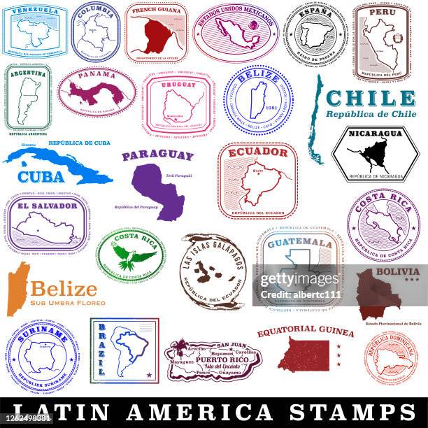 illustrazioni stock, clip art, cartoni animati e icone di tendenza di francobolli da viaggio di lingua latinoamericana e spagnola - argentina-america-del-sud