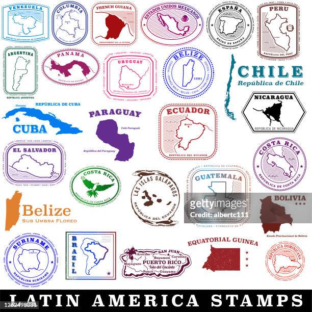 latin american and spanish speaking travel stamps - peru vs colombia stock illustrations