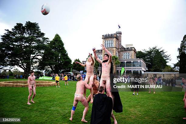 Romanian Vampires fights for the ball in a line out with the Nude Blacks, on September 24 at Larnach castle in Dunedin, during the New Zealand 2011...