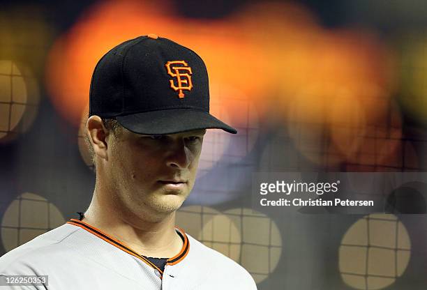 Starting pitcher Matt Cain of the San Francisco Giants walks back to the dugout during the Major League Baseball game against the Arizona...
