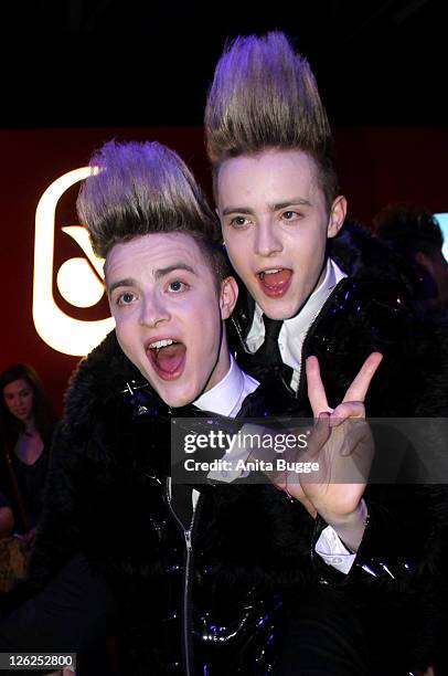 John Grimes and Edward Grimes from the band 'Jedward' attend the Tribute to Bambi after-show party 2011 at the Station> on September 23, 2011 in...