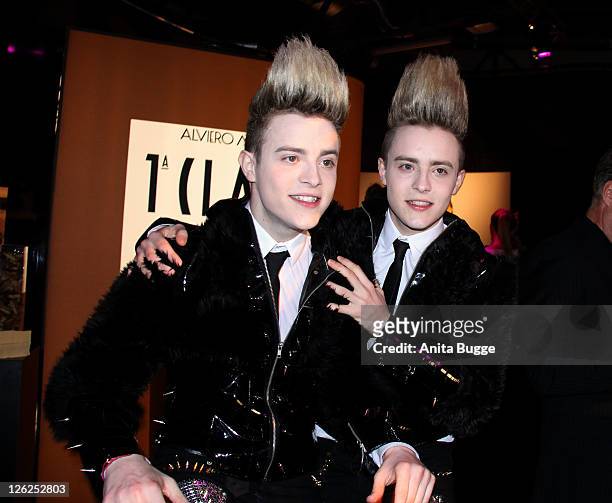 John Grimes and Edward Grimes from the band 'Jedward' attend the Tribute to Bambi after-show party 2011 at the Station> on September 23, 2011 in...