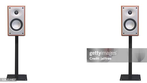 pair of hi-fi speakers on stands against white - stereo stock pictures, royalty-free photos & images